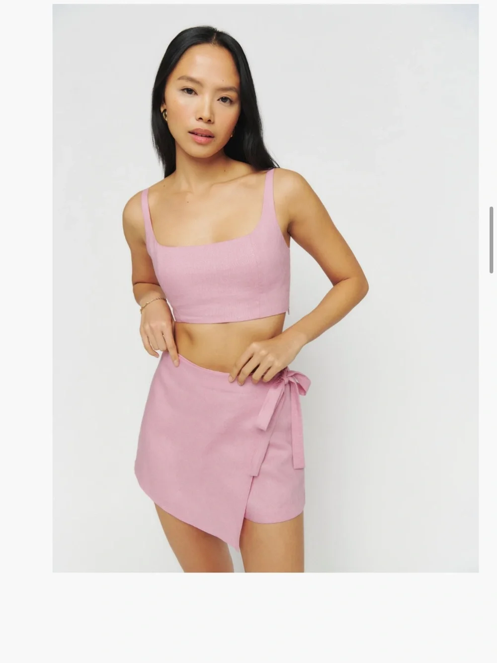 Reformation Sz 4 France Linen Two Piece Pink Mini Skort and Crop Top set